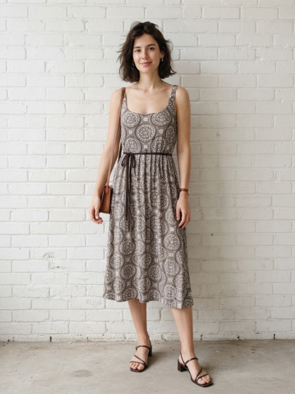 Vintage 90s Brown Medallion Print Midi Dress Size Large